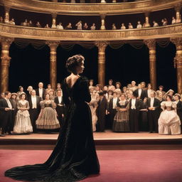 A period actress wearing a black vintage dress debuting in a play on stage