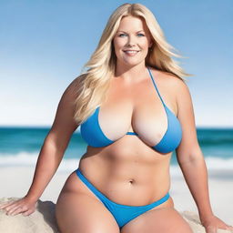 A 6ft tall woman with blonde hair, fair skin, blue eyes, thick thighs, a 30-inch waist, and a peach-shaped behind, wearing a blue Calvin Klein bikini