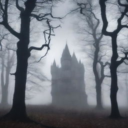 A haunted forest with twisted, gnarled trees and a misty atmosphere