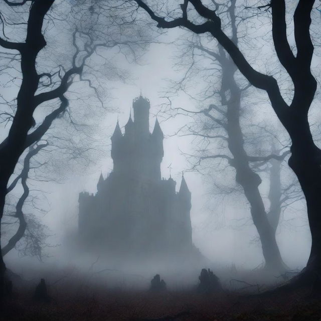 A haunted forest with twisted, gnarled trees and a misty atmosphere