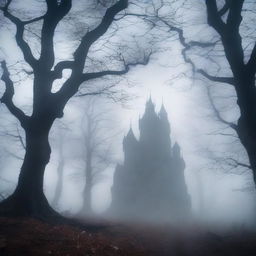 A haunted forest with twisted, gnarled trees and a misty atmosphere