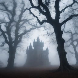 A haunted forest with twisted, gnarled trees and a misty atmosphere