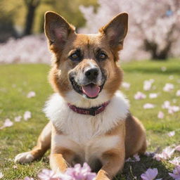 A playful dog with glossy fur and sparkling eyes, obediently sitting in a sunny park, surrounded by blossoming flowers.