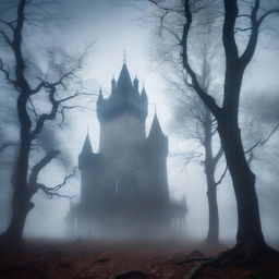 A haunted forest with twisted, eerie trees and a misty atmosphere