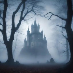 A haunted forest with twisted, eerie trees and a misty atmosphere