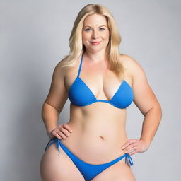 A 6ft tall woman with blonde hair, fair skin, blue eyes, thick thighs, a 30-inch waist, and a peach-shaped behind, wearing a blue Calvin Klein bikini