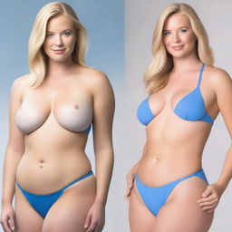 A 6ft tall woman with blonde hair, fair skin, blue eyes, thick thighs, a 30-inch waist, and a peach-shaped behind, wearing a blue Calvin Klein bikini