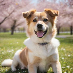 A playful dog with glossy fur and sparkling eyes, obediently sitting in a sunny park, surrounded by blossoming flowers.