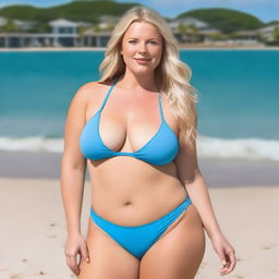 A 6ft tall woman with blonde hair, fair skin, blue eyes, thick thighs, a 30-inch waist, and a peach-shaped behind, wearing a blue Calvin Klein bikini