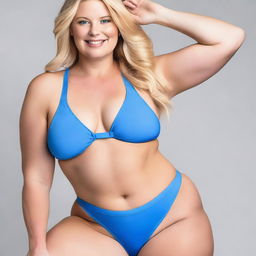 A 6ft tall woman with blonde hair, fair skin, blue eyes, thick thighs, a 30-inch waist, and a peach-shaped behind, wearing a blue Calvin Klein bikini