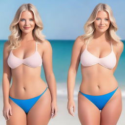 A 6ft tall woman with blonde hair, fair skin, blue eyes, thick thighs, a 30-inch waist, and a peach-shaped behind, wearing a blue Calvin Klein bikini