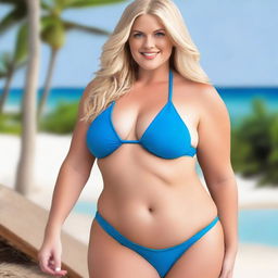 A 6ft tall woman with blonde hair, fair skin, blue eyes, thick thighs, a 30-inch waist, and a peach-shaped behind, wearing a blue Calvin Klein bikini