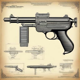 A detailed illustration of an antique imaginary submachine gun from the 1950s