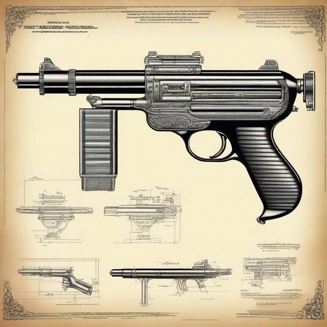 A detailed illustration of an antique imaginary submachine gun from the 1950s