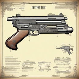 A detailed illustration of an antique imaginary submachine gun from the 1950s