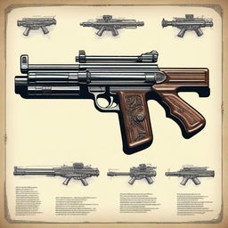 A detailed illustration of an antique imaginary submachine gun from the 1950s