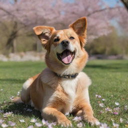 A playful dog with glossy fur and sparkling eyes, obediently sitting in a sunny park, surrounded by blossoming flowers.