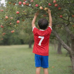 A young child wearing a soccer jersey marked with the number 7 and the name 'M. Ari Pratama', playfully scaling up an apple tree laden with ripe apples.