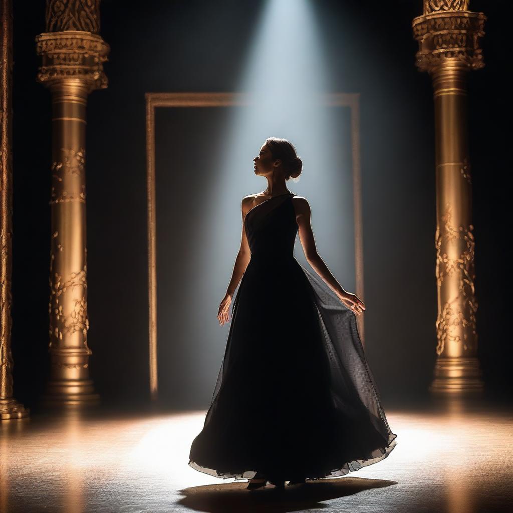 An actress wearing a black dress making her debut on the theater stage