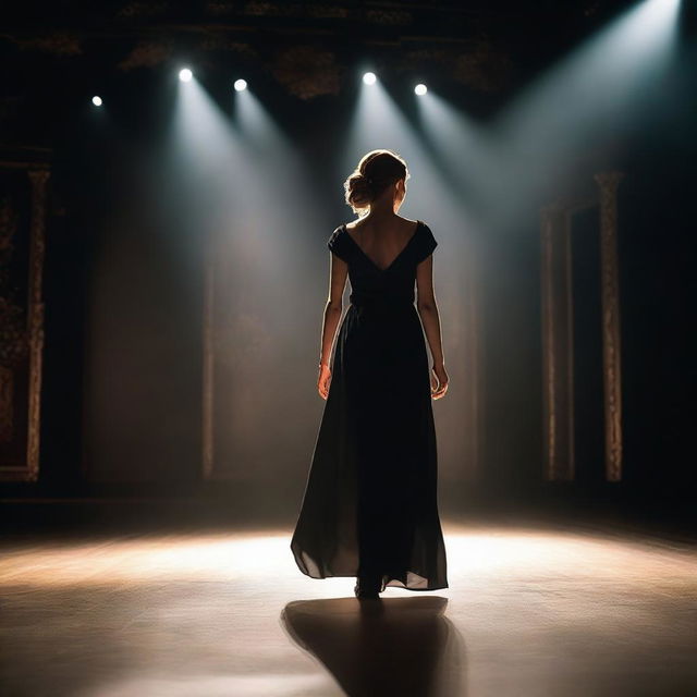 An actress wearing a black dress making her debut on the theater stage