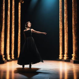 An actress wearing a black dress making her debut on the theater stage