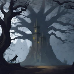 A haunted forest with a spooky castle in the background