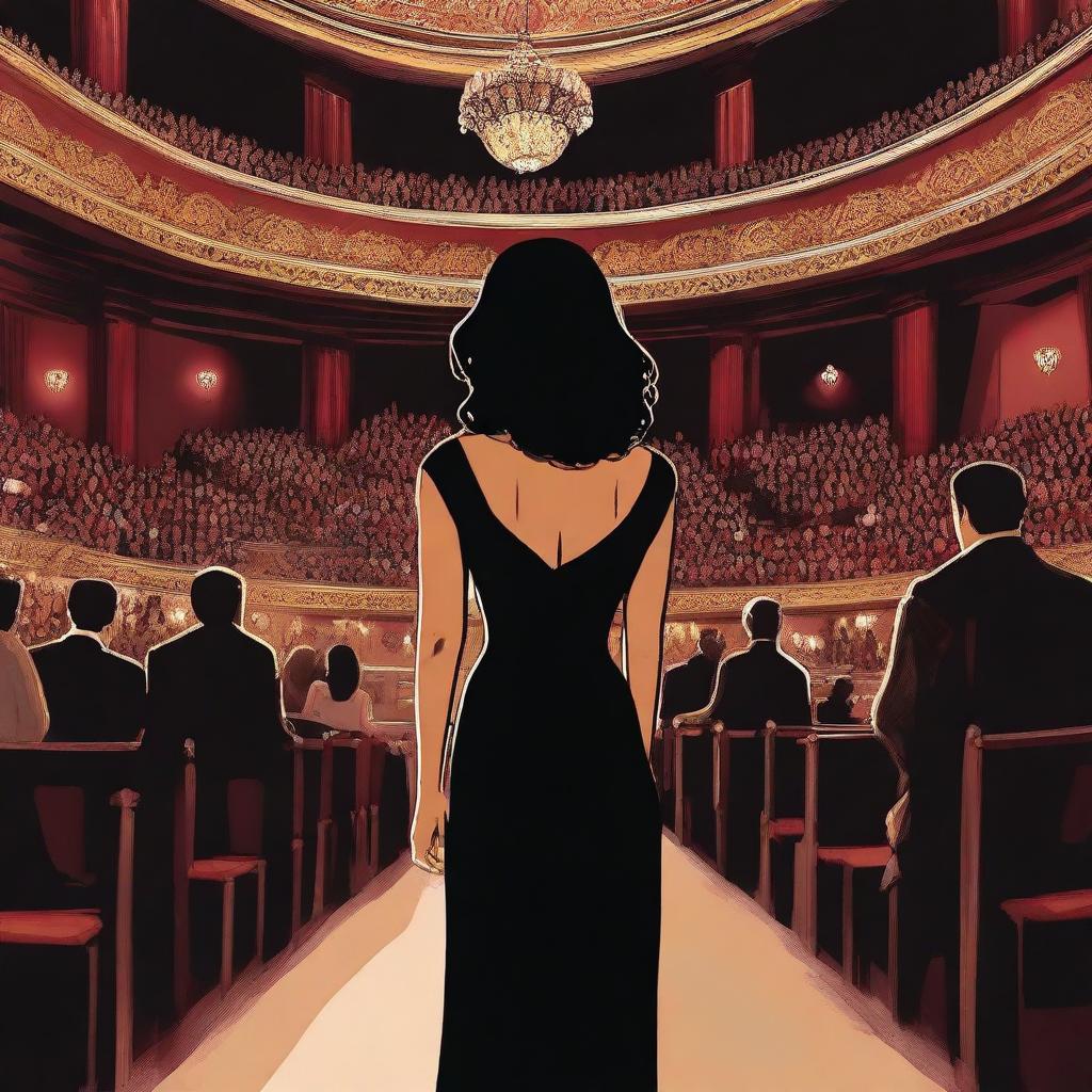 An actress with black hair and a black dress entering a crowded theater