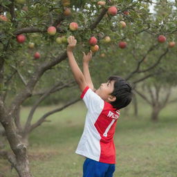 A young child wearing a soccer jersey marked with the number 7 and the name 'M. Ari Pratama', playfully scaling up an apple tree laden with ripe apples.