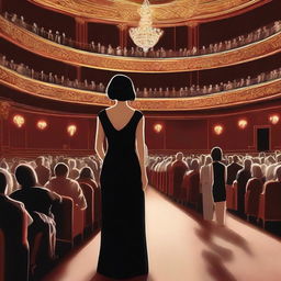 An actress with black hair and a black dress entering a crowded theater