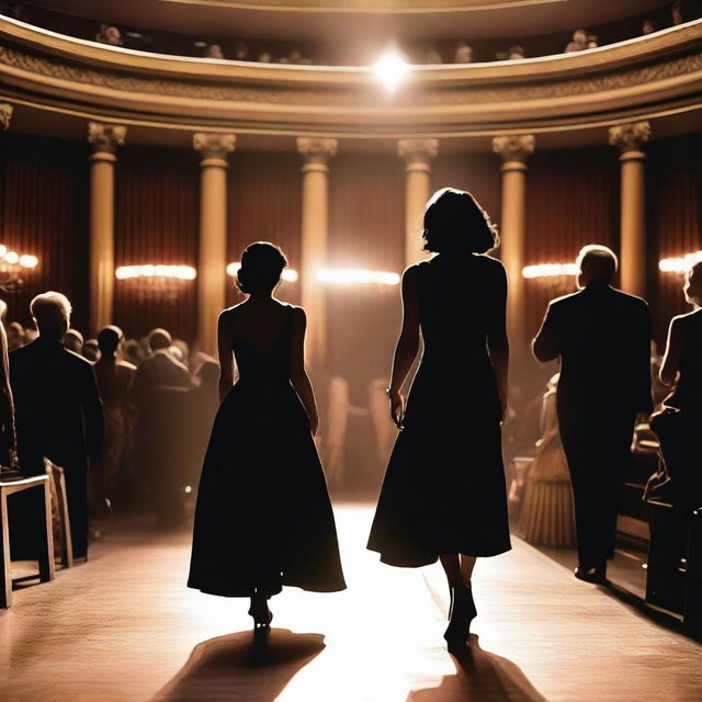 An actress with black hair and a black dress entering a crowded theater