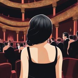 An actress with black hair and a black dress entering a crowded theater