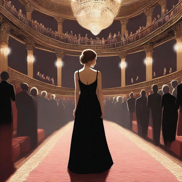 An actress wearing a black dress entering a crowded theater