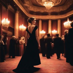 An actress wearing a black dress entering a crowded theater