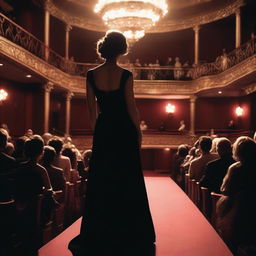 An actress wearing a black dress entering a crowded theater