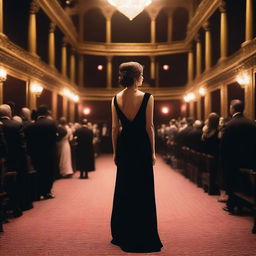 An actress wearing a black dress entering a crowded theater