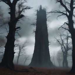 A tall, dark tower stands ominously in the middle of a dying forest