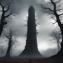 A tall, dark tower stands ominously in the middle of a dying forest