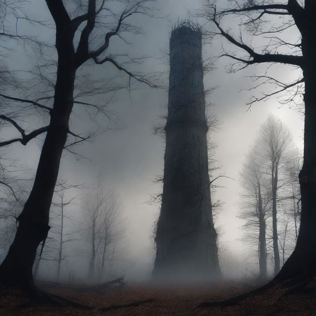 A tall, dark tower stands ominously in the middle of a dying forest