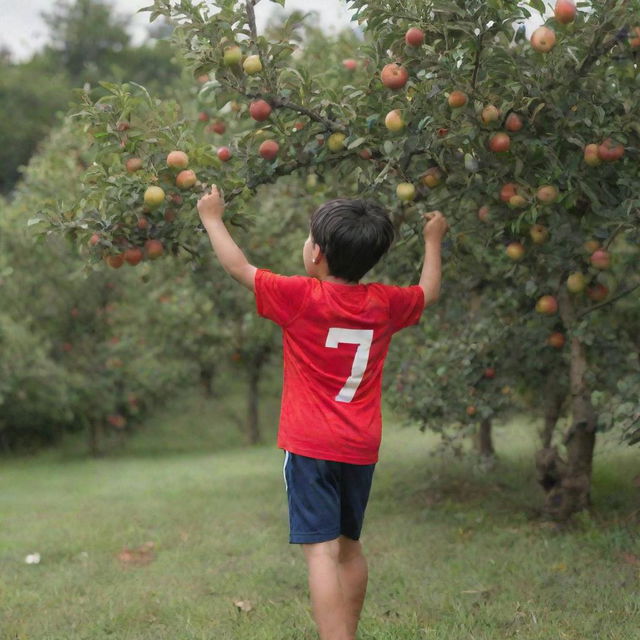 A young child wearing a soccer jersey marked with the number 7 and the name 'M. Ari Pratama', playfully scaling up an apple tree laden with ripe apples.