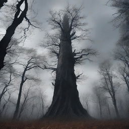 A tall, dark tower stands ominously in the middle of a dying forest