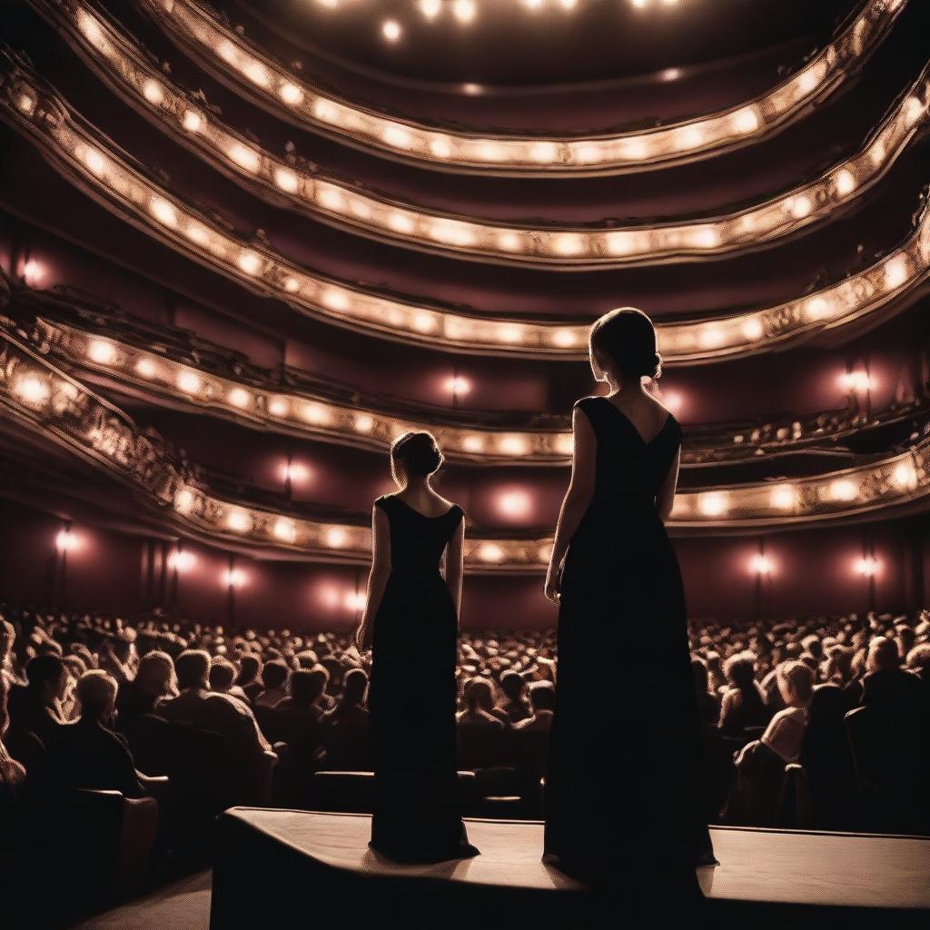 An actress in a black dress making her debut in a crowded theater