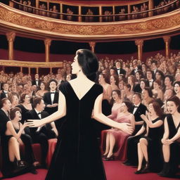 An actress in a black dress making her debut in a crowded theater