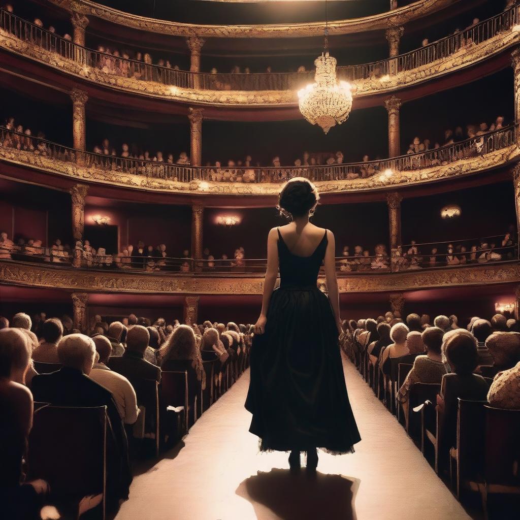 An actress in a black dress making her debut in a crowded theater