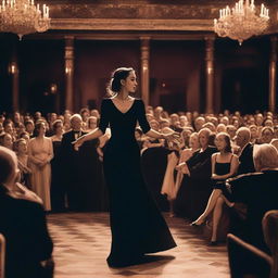 An actress in a black dress making her debut in a crowded theater