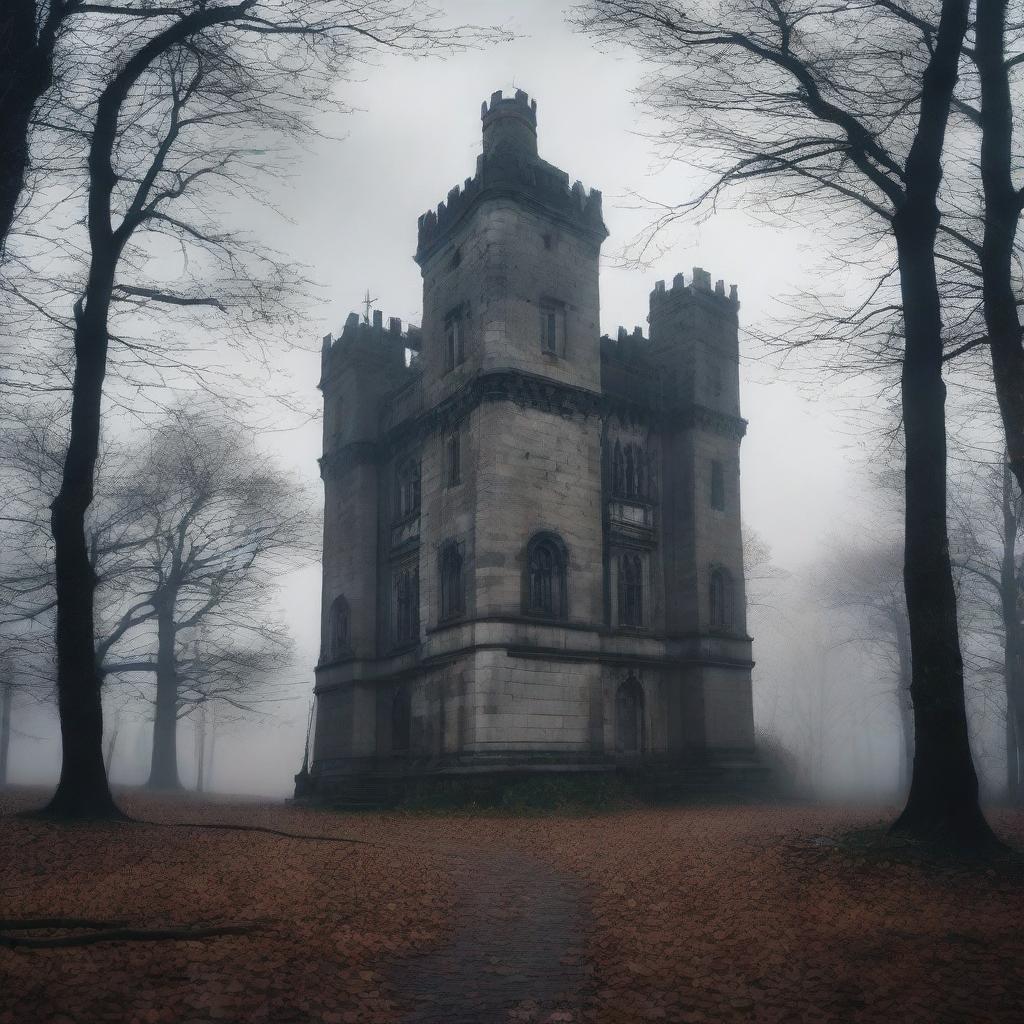 A tall castle stands majestically in the background of a dying forest