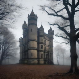 A tall castle stands majestically in the background of a dying forest