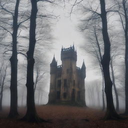 A tall castle stands majestically in the background of a dying forest