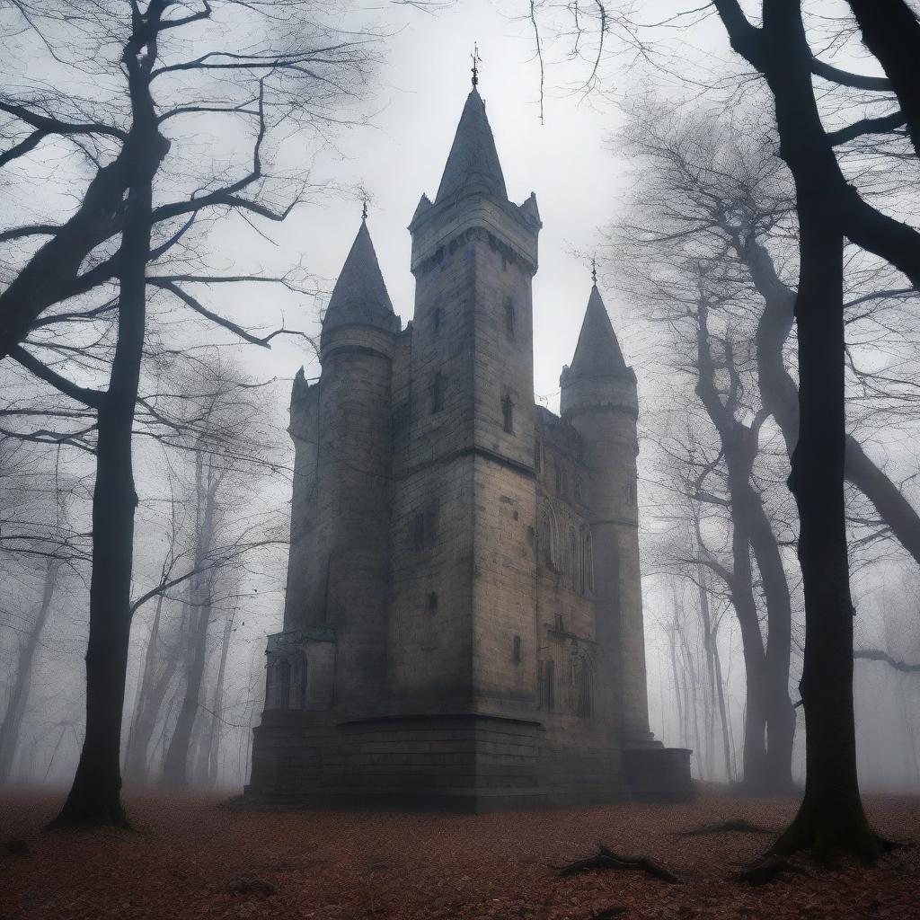 A tall castle stands majestically in the background of a dying forest