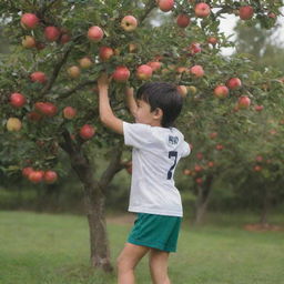 A young child wearing a soccer jersey marked with the number 7 and the name 'M. Ari Pratama', playfully scaling up an apple tree laden with ripe apples.