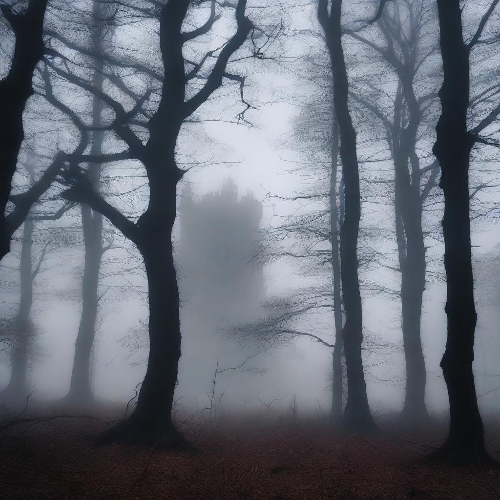 A dark and eerie forest with tall, twisted trees and dense underbrush